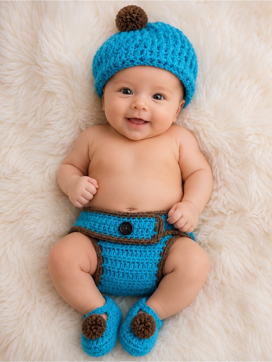 Handmade Other - Handmade Crochet Beanie, Diaper Cover & Booties Set - Brown and Bright Turquoise